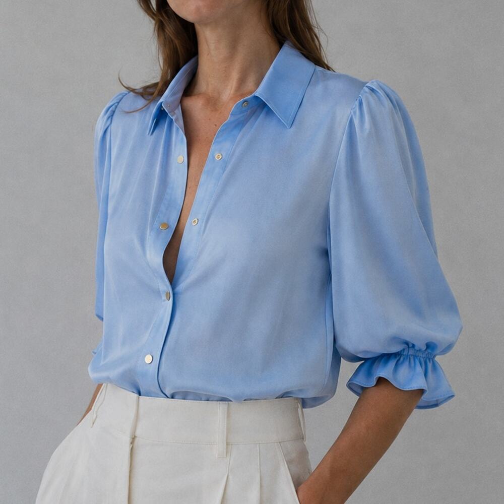 Ramy Brook Dina Satin Blouse Bodysuit Womens S Blue Button-up Shirt